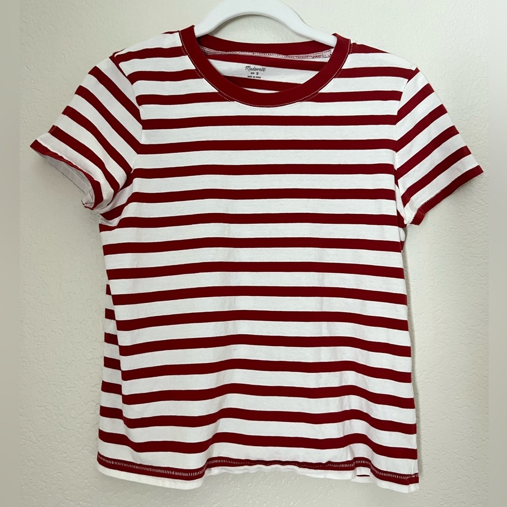 Madewell Nautical Classic Cotton Red + White Striped Crewneck Tee